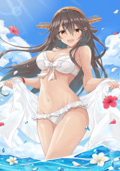 Rule 34 | 1girl, :d, bare shoulders, bikini, black hair, blush, breasts, brown eyes, cleavage, day, flower, frilled bikini, frills, gensoukitan, groin, hair ornament, hairband, hairclip, haruna (kancolle), headgear, hibiscus, highres, holding, kantai collection, large breasts, long hair, looking at viewer, navel, official alternate costume, open mouth, outdoors, smile, solo, stomach, swimsuit, thighs, wading, white bikini