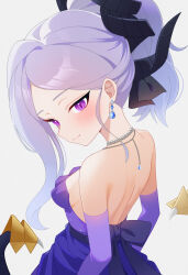 Rule 34 | 1girl, absurdres, bare back, blue archive, bow, breasts, commentary request, dangle earrings, demon girl, demon horns, demon wings, dress, earrings, elbow gloves, evening gown, from behind, gloves, hair bow, hair ribbon, halo, head tilt, highres, hina (blue archive), hina (dress) (blue archive), horns, jewelry, karaage (xxxmido02), lone nape hair, long hair, looking at viewer, looking back, nape, necklace, official alternate hairstyle, parted bangs, pearl necklace, ponytail, purple dress, purple eyes, purple gloves, ribbon, sideboob, sidelocks, simple background, small breasts, smile, solo, strapless, strapless dress, upper body, wavy hair, white background, white hair, wings