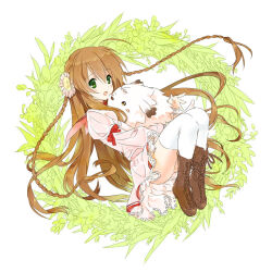 Rule 34 | 1girl, :d, ahoge, animal, animal hug, blush stickers, boots, braid, brown footwear, brown hair, chibi-moth, commentary request, dress, floating hair, flower, frilled dress, frills, from side, grass, green eyes, hair between eyes, hair flower, hair ornament, juliet sleeves, kanbe kotori, kazamatsuri institute high school uniform, knees up, legs together, light blush, long hair, long sleeves, looking at viewer, noonoo, open mouth, pink dress, pink flower, puffy sleeves, rewrite, school uniform, short dress, simple background, smile, solo, thighhighs, thighs, twin braids, very long hair, waving, white background, white thighhighs, wide sleeves, wreath, zettai ryouiki