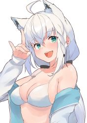 1girl absurdres ahoge akitoh-shino animal_ear_fluff animal_ears bikini black_bow blush bow braid breasts cleavage commentary_request earrings extra_ears fox_ears fox_girl fox_shadow_puppet fox_tail green_eyes hair_between_eyes hair_bow highres hololive jacket jewelry long_hair looking_at_viewer medium_breasts open_clothes open_jacket open_mouth shirakami_fubuki sidelocks simple_background single_braid solo swimsuit tail virtual_youtuber white_background white_bikini white_hair white_jacket