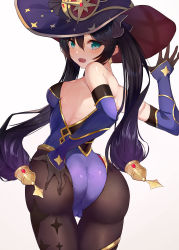 Rule 34 | 1girl, absurdres, aqua eyes, ass, back, bare shoulders, black gloves, black hair, black pantyhose, blue hat, blue leotard, blush, bodystocking, breasts, detached sleeves, earrings, elbow gloves, genshin impact, gloves, gold trim, gulu qaq, hat, hat ornament, highleg, highleg leotard, highres, jewelry, leotard, long hair, looking at viewer, looking back, medium breasts, mona (genshin impact), open mouth, pantyhose, solo, star (symbol), star earrings, thighlet, thighs, twintails, witch hat