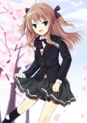 Rule 34 | 1girl, :d, black skirt, black socks, blue eyes, blue sky, bow, bowtie, brown hair, cherry blossoms, day, fang, hair bow, long sleeves, looking at viewer, open mouth, original, outdoors, pleated skirt, purin jiisan, red bow, red bowtie, school uniform, skirt, sky, smile, socks, solo, spring (season), window