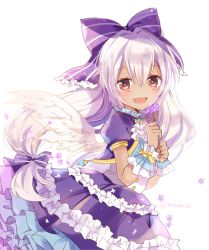 Rule 34 | 1girl, :d, blush, bow, dark-skinned female, dark skin, dress, flower, frilled dress, frills, hair bow, holding, holding flower, itadaki31, light purple hair, long hair, looking at viewer, mireille lerner, open mouth, purple bow, purple dress, red eyes, shironeko project, short sleeves, simple background, smile, solo, twitter username, white background, white wings, wings