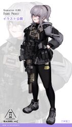 Rule 34 | 1girl, alma01, assault rifle, black pantyhose, bulletproof vest, earrings, fang, gloves, glowstick, gun, highres, holding, holding weapon, jewelry, laser sight, looking at viewer, magazine (weapon), original, pantyhose, rifle, scope, shoes, sneakers, solo, suppressor, tactical clothes, weapon