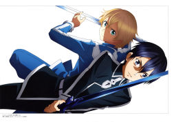 Rule 34 | 2boys, absurdres, artist request, black eyes, black hair, blonde hair, eugeo, highres, holding, holding sword, holding weapon, kirito, multiple boys, short hair, sword, sword art online, sword art online: alicization, weapon