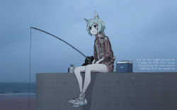 Rule 34 | 1girl, :3, absurdres, beach, blue eyes, blue hair, blush, brown jacket, brown shorts, closed mouth, cloud, cloudy sky, commentary, cooler, ear covers, english text, fishing, fishing rod, highres, holding, holding fishing rod, horse girl, jacket, long sleeves, looking away, multicolored clothes, multicolored jacket, neonfloyd, ocean, pier, red jacket, sand, seiun sky (umamusume), shoes, shorts, sidelocks, single ear cover, sky, smile, sneakers, solo, two-tone jacket, umamusume, white footwear
