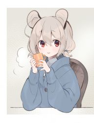 Rule 34 | 1girl, akagashi hagane, alternate costume, animal ears, blue jacket, blush, breath, casual, chair, contemporary, cup, grey background, grey hair, hair between eyes, hair tie, hands up, holding, holding cup, jacket, long sleeves, looking at viewer, mouse ears, mug, nazrin, parted lips, red eyes, short hair, simple background, sitting, smile, solo, touhou, turtleneck, upper body