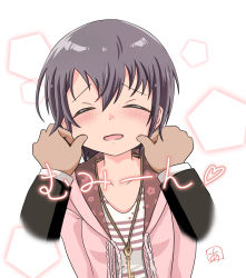 Rule 34 | 1girl, arms up, black sleeves, blush, brown hair, cheek pinching, closed eyes, floral print, flower (symbol), hands up, head tilt, hood, hooded jacket, idolmaster, idolmaster cinderella girls, idolmaster cinderella girls starlight stage, jacket, jewelry, key, key necklace, long sleeves, necklace, open mouth, otokura yuuki, pentagon (shape), pinching, pink jacket, pov, pov hands, shirt, signature, simple background, striped clothes, striped shirt, t-shirt, user fnkf2754, white shirt