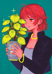 Rule 34 | 1girl, bead bracelet, bead necklace, beads, black jacket, blue background, bob cut, bracelet, closed mouth, commentary request, cropped jacket, freckles, highres, holding, holding plant, jacket, jewelry, kaneni, long sleeves, nail polish, necklace, open clothes, open jacket, original, plant, purple shirt, red eyes, red hair, shirt, short hair, solo, sparkle, upper body, yellow nails