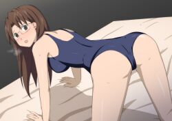 Rule 34 | 1girl, all fours, ass, azumanga daiou, blush, breasts, breath, brown eyes, brown hair, commentary request, glasses, hall onon, hands on bed, highres, long hair, looking at viewer, medium breasts, mizuhara koyomi, nervous, on bed, open mouth, school swimsuit, shiny skin, shirt, solo, swimsuit