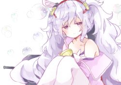 Rule 34 | 1girl, animal ears, azur lane, bad id, bad pixiv id, bare shoulders, blush, brown eyes, bubble, camisole, closed mouth, collarbone, commentary request, hair between eyes, hair ornament, hairband, highres, jacket, laffey (azur lane), long hair, looking at viewer, off shoulder, pink jacket, rabbit ears, red hairband, silver hair, smile, solo, thighhighs, tsukiyo (skymint), twintails, very long hair, white background, white camisole, white thighhighs