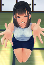 Rule 34 | 1girl, :d, black hair, blue skirt, female focus, foreshortening, heart, heart-shaped pupils, highres, indoors, legs together, looking at viewer, medium hair, mumei nemui, open mouth, original, outstretched arms, pencil skirt, seiza, sitting, skirt, sleeveless, smile, solo, symbol-shaped pupils, tatami, teeth, upper teeth only