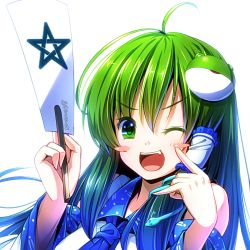 Rule 34 | &gt;:d, 1girl, :d, ahoge, backlighting, bare shoulders, blush, blush stickers, detached sleeves, fang, female focus, frog hair ornament, green eyes, green hair, hair ornament, hair tubes, kochiya sanae, long hair, matching hair/eyes, necktie, one eye closed, open mouth, ryosios, simple background, smile, snake hair ornament, solo, star (symbol), touhou, v-shaped eyebrows, white background, wink