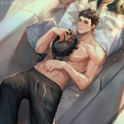Rule 34 | 1boy, abs, animal, bara, black hair, black pants, black sheep, closed mouth, couch, highres, large pectorals, lying, male focus, muscular, muscular male, nipples, on back, on couch, original, pants, pectorals, pillow, scar, scar on hand, sheep, short hair, ssong-ga, topless male