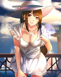 Rule 34 | 1girl, backpack, bag, blue sky, breasts, brown eyes, brown hair, cleavage, cloud, collarbone, dress, earrings, hat, hat ribbon, highres, hizagawa rau, jewelry, leaning forward, lens flare, looking at viewer, medium breasts, necklace, original, outdoors, railing, ribbon, sky, solo, standing, white dress, white hat