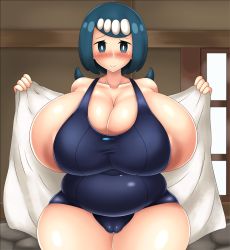 Rule 34 | 1girl, areola slip, belly, blue eyes, blue hair, blush, borushichi (pixiv29850973), breasts, bursting belly, bursting breasts, cameltoe, closed mouth, covered erect nipples, creatures (company), eyebrows, game freak, gigantic breasts, highres, indoors, lana&#039;s mother (pokemon), large areolae, long hair, matching hair/eyes, mature female, nintendo, one-piece swimsuit, open clothes, plump, pokemon, pokemon (anime), pokemon sm (anime), ponytail, smile, solo, standing, stomach, swimsuit, towel, undersized clothes