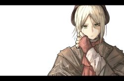Rule 34 | 1girl, absurdres, blonde hair, bloodborne, crying, fingerless gloves, gloves, hand up, hat, highres, kankan33333, letterboxed, negative space, parted bangs, parted lips, plain doll, red gloves, simple background, solo, white background, yellow eyes