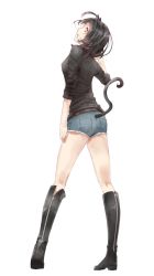 Rule 34 | 1girl, animal ears, bad id, bad pixiv id, black hair, boots, denim, denim shorts, eida@renshuuchuu, from behind, grin, knee boots, kneepits, looking back, original, pink eyes, short hair, short shorts, shorts, simple background, smile, solo, standing, tail