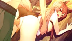 Rule 34 | 1girl, against tree, animal ears, ass, bent over, bikini, blush, breasts, brown hair, cccpo, censored, fox ears, from behind, game cg, large breasts, legs, long hair, looking back, nipples, open mouth, penis, pussy, red eyes, sekai wo sukuu dake no kantan na oshigoto, sex, swimsuit, tail, thighs, tree, vaginal