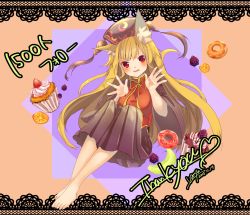 Rule 34 | 1girl, animal ears, bad id, bad twitter id, barefoot, black dress, blonde hair, blush, breasts, commentary request, cupcake, doughnut, dress, eyebrows, floating, food, fox ears, fruit, grapes, hands up, hat, highres, junko (touhou), legs, long hair, long sleeves, looking at viewer, open hands, open mouth, orange (fruit), orange background, orange slice, purple background, red eyes, ribbon, smile, solo, sprinkles, tabard, taut clothes, touhou, two-tone background, varyu, very long hair, wide sleeves
