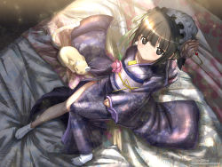 Rule 34 | 1girl, bare legs, bed, black eyes, black hair, blush, cat, collarbone, flower, from above, frown, hair flower, hair ornament, hat, headdress, ikoku meiro no croisee, japanese clothes, kimono, kimura shigetaka, letter, looking at viewer, looking up, no shoes, obi, sash, shade, short hair, shy, side slit, signature, sitting, sleeves past wrists, solo, tabi, watermark, web address, wide sleeves, yune (ikoku meiro no croisee)