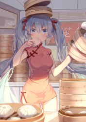 Rule 34 | 1girl, bamboo steamer, baozi, bare arms, blue eyes, blue hair, blurry, blush, breasts, ceiling, china dress, chinese clothes, covered mouth, cowboy shot, depth of field, dress, eating, food, hair between eyes, hair ribbon, hatsune miku, holding, holding food, indoors, long hair, looking at viewer, matching hair/eyes, medium breasts, microdress, object on head, red dress, red ribbon, ribbon, shade, short sleeves, side slit, solo, stacking, table, twintails, very long hair, vocaloid, wall, you hashira