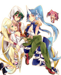 Rule 34 | 1boy, 3girls, akisaki, anger vein, angry, bad id, bad pixiv id, bare shoulders, blonde hair, blue eyes, blue hair, blush, breasts, choker, cleavage, cleavage cutout, clothing cutout, detached sleeves, duel monster, epaulettes, fang, goggles, goggles on head, gradient hair, green eyes, green hair, hiiragi yuzu, horns, jacket, jacket on shoulders, jewelry, large breasts, long hair, looking at viewer, multicolored hair, multiple girls, necktie, open mouth, pendant, performapal corn, performapal uni, pink hair, ponytail, purple hair, red eyes, red hair, sakaki yuya, school uniform, short hair, short twintails, simple background, single horn, smile, tail, twintails, two-tone hair, white background, yu-gi-oh!, yu-gi-oh! arc-v