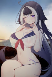 Rule 34 | 1girl, ahoge, animal ears, artist name, belt collar, bikini, bikini bottom only, bikini under clothes, black hair, blue bikini, blue collar, blue skirt, breasts, cetacean tail, cheek poking, chest tattoo, cleavage, collar, commentary, covered erect nipples, english commentary, facial tattoo, fins, fish tail, halterneck, heart, heart ahoge, highres, indie virtual youtuber, large breasts, leg tattoo, long hair, looking at viewer, multicolored hair, nanoless, navel, no pants, one eye closed, orca girl, poking, poking self, pout, purple eyes, school uniform, see-through, see-through shirt, serafuku, shirt, shylily, shylily (1st costume), skirt, streaked hair, summer, swimsuit, tail, tattoo, virtual youtuber, water, white hair, white shirt