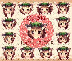Rule 34 | 1girl, alternate hair length, alternate hairstyle, animal ears, bangs pinned back, blunt bangs, bob cut, border, braid, brown hair, cat ears, character name, chen, doily, double bun, drill hair, earrings, face, fang, hair bun, hair over one eye, hat, heart, heart background, ibaraki natou, jewelry, lace, lace border, long hair, looking at viewer, mob cap, multiple views, open mouth, ornate border, red eyes, short hair, single earring, smile, touhou, twin braids, twin drills, twintails