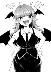 Rule 34 | 1girl, :d, ahoge, bat wings, blunt bangs, blush, breasts, collarbone, collared shirt, commentary request, cowboy shot, fang, greyscale, hands on own hips, harusame (unmei no ikasumi), head wings, koakuma, long hair, looking at viewer, medium breasts, monochrome, necktie, notice lines, open mouth, pointy ears, puffy short sleeves, puffy sleeves, shirt, short sleeves, skirt, smile, solo, standing, star-shaped pupils, star (symbol), symbol-shaped pupils, teeth, touhou, upper teeth only, vest, white background, wings