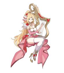 Rule 34 | absurdres, armlet, blonde hair, bow, breasts, bridal gauntlets, circlet, cleavage, dress, floating, flower, game cg, goddess of wealth eleanor, green eyes, guardian tales, hair ornament, harp, high heels, high ponytail, highres, instrument, lard (kumazakiyuta), looking at viewer, medium breasts, music, off-shoulder dress, off shoulder, official art, parted lips, playing, playing instrument, red bow, red flower, red ribbon, red rose, ribbon, rose, sitting, thighhighs, transparent background, waist cape, white thighhighs