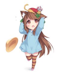 Rule 34 | 1girl, animal, animal ear fluff, animal ears, animal on head, arms up, blue dress, brown eyes, brown hair, brown thighhighs, cape, cat, cat ears, child, crown, dress, full body, hair ornament, hat, highres, holding, holding hair, kindergarten uniform, leaf, leg lift, long hair, on head, open mouth, original, pink footwear, red cape, ribbon, school hat, shoes, simple background, standing, standing on one leg, striped clothes, striped thighhighs, tamase tama, thighhighs, unworn headwear, virtual youtuber, white background, yellow hat