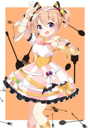 Rule 34 | 1girl, :d, arm up, bare shoulders, blush, bow, breasts, choker, claw pose, collarbone, commentary request, detached sleeves, fang, fingernails, fork, frilled skirt, frills, gochuumon wa usagi desu ka?, hair between eyes, halloween, hand up, head tilt, hoto cocoa, massala, open mouth, orange background, pink skirt, puffy short sleeves, puffy sleeves, purple eyes, shirt, short sleeves, short twintails, sidelocks, skirt, small breasts, smile, solo, spoon, striped bow, striped clothes, striped skirt, twintails, two-tone background, v-shaped eyebrows, vertical-striped clothes, vertical-striped skirt, white background, white bow, white choker, white shirt