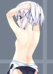 Rule 34 | 1girl, adjusting hair, arms behind head, arms up, back, bad id, bad pixiv id, blue eyes, blush, breasts, clothes pull, eyebrows, from behind, gochuumon wa usagi desu ka?, hair ornament, highres, kafuu chino, karutamo, long hair, looking at viewer, looking back, nape, one-piece swimsuit, one-piece swimsuit pull, school swimsuit, shoulder blades, silver hair, simple background, small breasts, solo, swimsuit, topless, upper body, x hair ornament