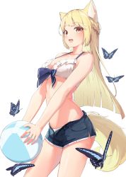 Rule 34 | 1girl, absurdres, animal ears, ball, beach volleyball, beachball, bikini, blonde hair, braid, bug, butterfly, cat ears, clothing cutout, crop top, from side, highres, insect, mikisai, navel, navel cutout, open fly, original, shorts, solo, swimsuit, tail, white background