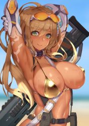 Rule 34 | 1girl, armpits, arms behind head, arms up, bikini, bikini top only, blonde hair, blurry, blurry background, breasts, breasts apart, cleavage, collar, commentary request, covered erect nipples, eyewear on head, glasses, gold bikini, green eyes, large breasts, long hair, looking at viewer, navel, nidy, original, simple background, smile, solo, sunglasses, swimsuit, weapon, weapon on back, wet