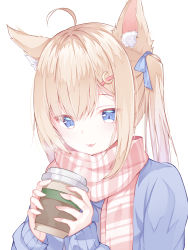 Rule 34 | 1girl, :3, ahoge, animal ear fluff, animal ears, blonde hair, blue eyes, blue ribbon, blue sweater, coffee, commentary, crescent, crescent hair ornament, cup, hair ornament, hair ribbon, highres, holding, holding cup, long hair, looking down, original, plaid, plaid scarf, red scarf, ribbon, scarf, simple background, sweater, tongue, tongue out, twintails, white background, zuu (qq770463651)