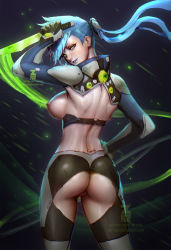 Rule 34 | 1girl, ass cutout, blue hair, breasts, breasts out, chromatic aberration, cleft of venus, clothing cutout, crotch cutout, gradient background, green eyes, highres, knife, lipstick, makeup, multicolored eyes, nipples, pussy, solo, tagme, uncensored, weapon, yellow eyes, zeronis