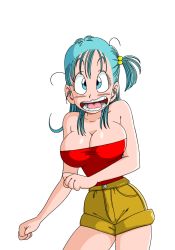 Rule 34 | 1girl, :o, bare arms, bare shoulders, blue eyes, blue hair, breasts, bulma, cleavage, collarbone, contrapposto, cowboy shot, dragon ball, dragon ball (classic), female focus, green hair, groin, hair bobbles, hair ornament, hair over shoulder, large breasts, legs, long hair, looking at viewer, open mouth, red tube top, shorts, side ponytail, sleeveless, solo, standing, strapless, thighs, transparent background, tube top, yamamoto doujin