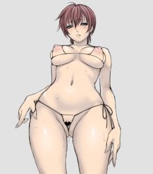 Rule 34 | 1girl, asbel lhant, bikini, blue eyes, blush, breastless clothes, breasts, censored, cleft of venus, crotchless, crotchless panties, gender request, genderswap, grey background, heart, large breasts, navel, nipples, panties, pussy, pussy juice, red hair, short hair, solo, swimsuit, tales of (series), tales of graces, underwear, usagi nagomu, wet