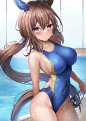 Rule 34 | 1girl, absurdres, admire vega (umamusume), animal ears, blue one-piece swimsuit, breasts, brown eyes, brown hair, commentary request, competition swimsuit, covered navel, cowboy shot, ear covers, goggles, unworn goggles, highleg, highleg swimsuit, highres, horse ears, horse girl, horse tail, impossible clothes, impossible swimsuit, large breasts, long hair, looking at viewer, low ponytail, one-piece swimsuit, pool, single ear cover, solo, swimsuit, tail, umamusume, waity awa, wet, wet clothes, wet swimsuit