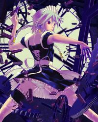 Rule 34 | 1girl, bare back, black dress, bow, braid, chain, clock, clock tower, closed mouth, dress, earrings, frilled dress, frills, g-taro, gears, hair bow, highres, izayoi sakuya, jewelry, knife, looking to the side, maid, maid headdress, panties, pantyshot, red eyes, short hair, solo, spread legs, throwing knife, touhou, tower, twin braids, underwear, weapon, white panties, yellow bow