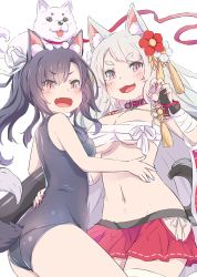 Rule 34 | 2girls, :d, animal, animal ears, animal on head, ass, azur lane, blue nails, blush, breasts, dog, eyebrows, fang, flower, hair flower, hair ornament, long hair, looking at viewer, md5 mismatch, medium breasts, multiple girls, nail polish, navel, on head, one-piece swimsuit, open mouth, orange eyes, pink eyes, red nails, resolution mismatch, sarashi, shigure (attack i-490!) (azur lane), shigure (azur lane), simple background, slit pupils, smile, source larger, swimsuit, tail, tayuura (kuwo), underboob, white background, yuudachi (azur lane), yuudachi (shogun of snowballs) (azur lane)