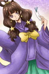 Rule 34 | 1girl, :3, amanogawa kirara, arudebido, bow, brown hair, earrings, go! princess precure, gradient background, hair ornament, japanese clothes, jewelry, long hair, low-tied long hair, precure, purple eyes, smile, solo, sparkle, star (symbol), star earrings, star hair ornament, twintails, yellow bow
