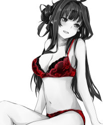 Rule 34 | 1girl, ahoge, bra, breasts, commentary request, double bun, greyscale, hair bun, hair over shoulder, highres, kantai collection, kongou (kancolle), large breasts, lingerie, long hair, monochrome, navel, open mouth, panties, red bra, red panties, rizzl, underwear, white background