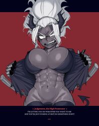 1girl abs alternate_muscle_size black_horns black_tail blush breasts clawed_gauntlets dark-skinned_female dark_skin demon_girl demon_horns demon_tail english_text gauntlets helltaker highres horns judgement_(helltaker) krekkov large_breasts leather_bikini looking_at_viewer maebari muscular muscular_female obliques open_mouth red_background solo tail thighhighs tonfa undressing very_dark_skin weapon white_eyes white_hair