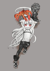 Rule 34 | 1girl, abyssal ship, ahoge, arms up, black footwear, black pantyhose, boots, claws, colored skin, crab, crab on head, gauntlets, grey background, harukaze unipo, highres, horns, huge ahoge, kantai collection, leg up, long hair, new battleship princess, pale skin, pantyhose, red eyes, sharp teeth, simple background, teeth, white skin
