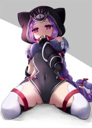 Rule 34 | 1girl, arm up, armor, bad id, bad pixiv id, black gloves, black leotard, braid, breastplate, collar, commentary request, covered mouth, covered navel, fate/grand order, fate (series), fingerless gloves, gloves, hand to own mouth, hood, leotard, long braid, long hair, medusa (fate), medusa (lancer) (fate), medusa (rider) (fate), ponytail, purple eyes, purple hair, rider, single braid, sitting, solo, spread legs, thigh strap, thighhighs, thighs, ushiwa, very long hair, white thighhighs