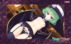 Rule 34 | 1girl, :o, black gloves, black panties, black thighhighs, bow, bow panties, breasts, cameltoe, cape, dutch angle, flat chest, garter belt, garter straps, gloves, green hair, hat, highres, justy x nasty, kagami hibiki, lingerie, mikagami mamizu, navel, nipples, no bra, panties, purple eyes, short hair, solo, thighhighs, underwear, underwear only, witch hat