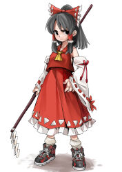 Rule 34 | 1girl, alternate footwear, ascot, bare shoulders, black eyes, bow, breasts, commentary request, detached sleeves, frilled hair tubes, frilled shirt collar, frills, full body, gohei, grey hair, hair bow, hair tubes, hakama, hakurei reimu, hand on own hip, high ponytail, high tops, highres, holding, holding stick, japanese clothes, long hair, long sleeves, looking to the side, red bow, red hakama, red skirt, red vest, rightorisamraido3, shadow, shoes, simple background, skirt, skirt set, sleeves past wrists, small breasts, sneakers, solo, standing, stick, touhou, vest, white background, wide sleeves, yellow ascot